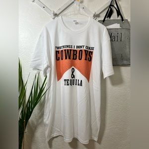 TWO THINGS I DON'T CHASE- COWBOYS AND TEQUILA FUNNY GRAPHIC WHITE TSHIRT